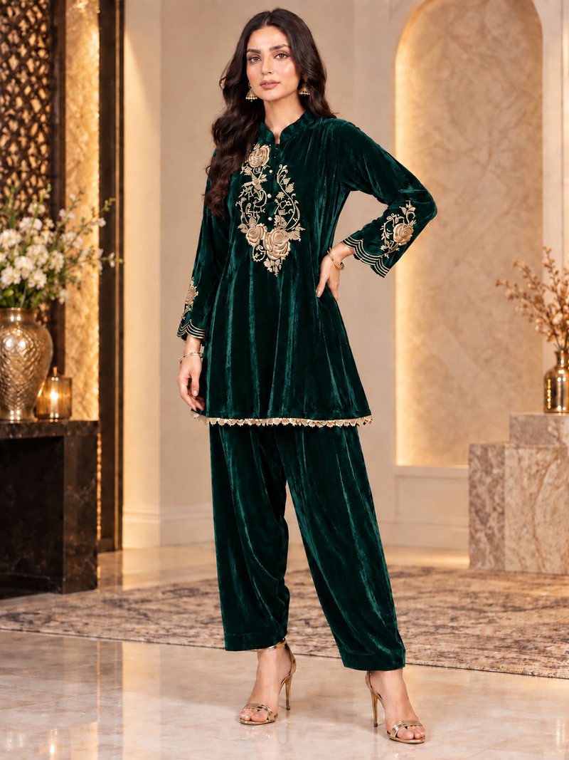 Emerald Noor Embroidered Velvet Co-ord Set