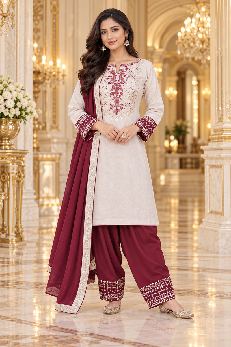 Ivory & Maroon Embroidered Winter Kurta Farshi Salwar Dupatta Set