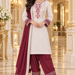 Ivory & Maroon Embroidered Winter Kurta Farshi Salwar Dupatta Set