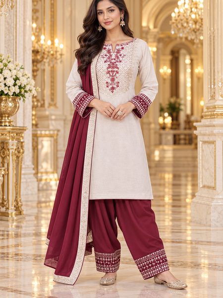 Ivory & Maroon Embroidered Winter Kurta Farshi Salwar Dupatta Set