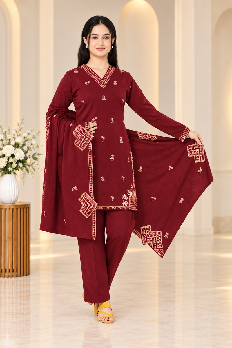 Embroidered Winter Kurta Pant & Shawl 3-Piece Set