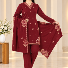 Embroidered Winter Kurta Pant & Shawl 3-Piece Set