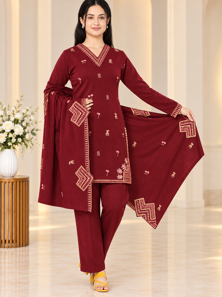 Embroidered Winter Kurta Pant & Shawl 3-Piece Set