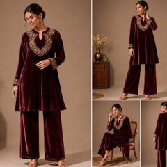 Royal Wine Velvet Embroidered Co-ord Set for Women