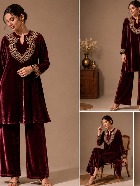 Royal Wine Velvet Embroidered Co-ord Set for Women