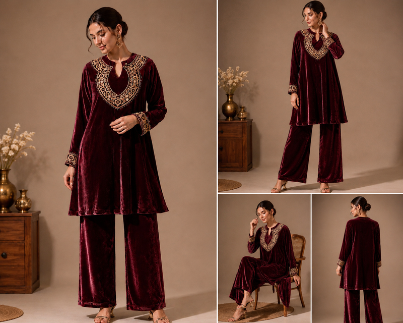 Royal Wine Velvet Embroidered Co-ord Set for Women