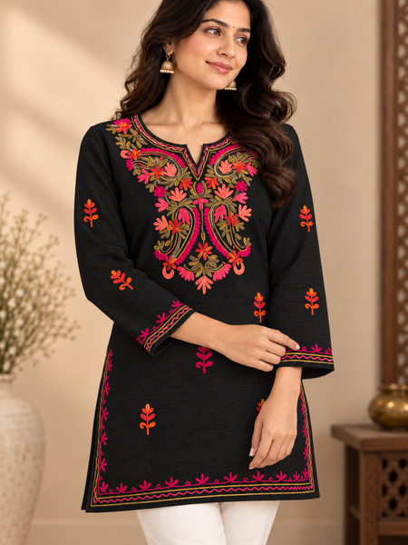 Gulnaar Kashmiri Embroidered Short Kurti for Women – Beige