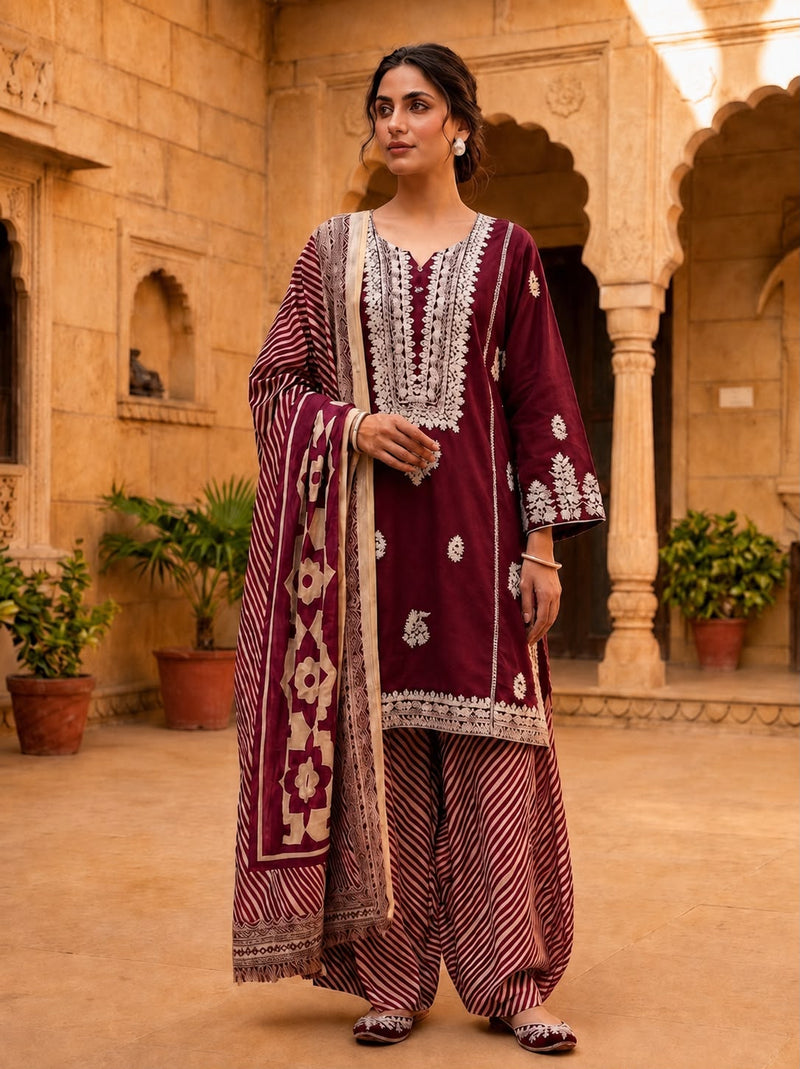 Women’s Maroon Embroidered Kurta Patiala Set with Printed Dupatta | Traditional Ethnic Suit for Women