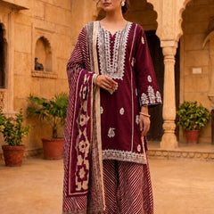 Women’s Maroon Embroidered Kurta Patiala Set with Printed Dupatta | Traditional Ethnic Suit for Women