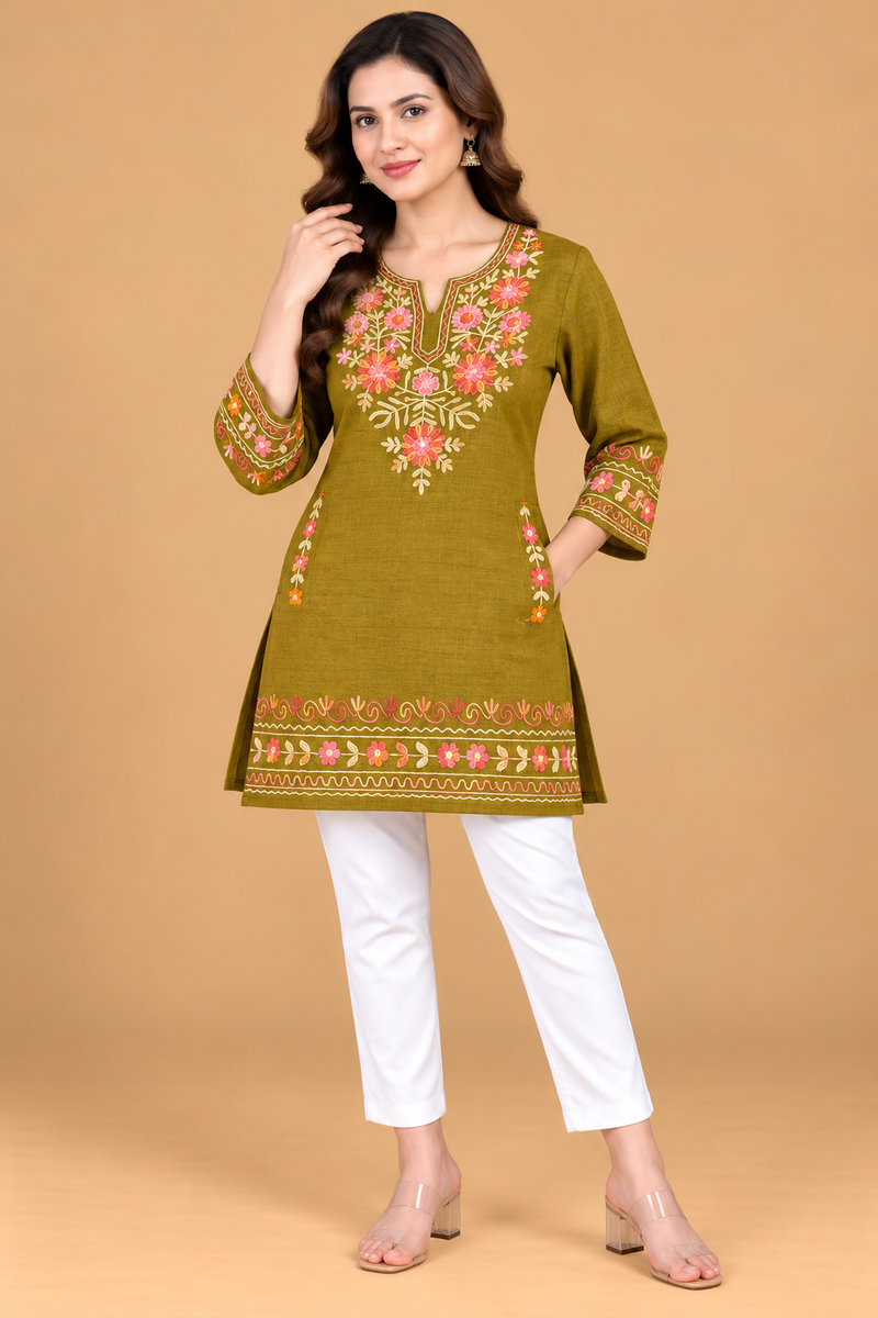 Multicolour Floral Embroidered Short Kurti for Women