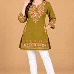 Multicolour Floral Embroidered Short Kurti for Women