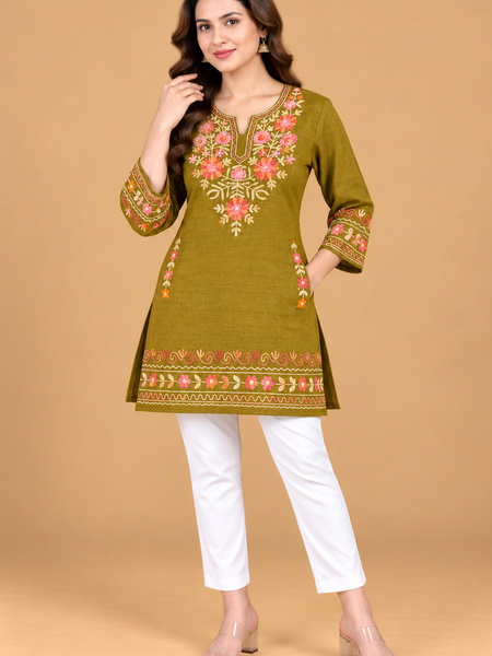 Multicolour Floral Embroidered Short Kurti for Women