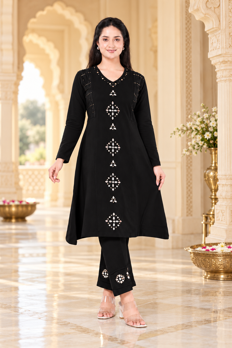Embroidered Winter A-line Kurta Pant Set