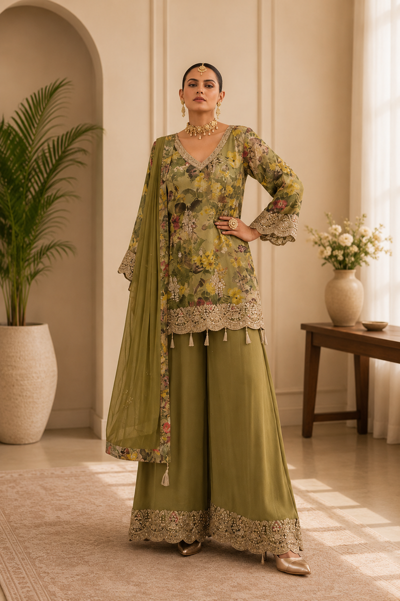 Women’s Grey Floral Printed Kurta with Embellished Sharara & Net Dupatta | Designer Festive Ethnic Suit Set