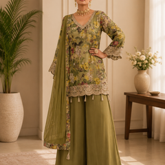 Women’s Grey Floral Printed Kurta with Embellished Sharara & Net Dupatta | Designer Festive Ethnic Suit Set