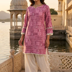Women’s Brown Abstract Printed Straight Kurta with Ivory Palazzo | Elegant Casual Ethnic Wear