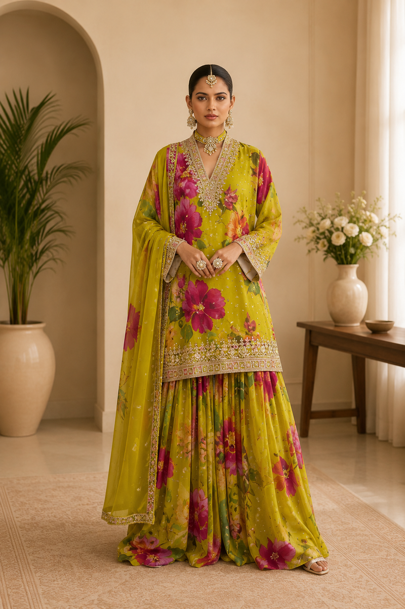 Women’s Grey Floral Printed Kurta with Embellished Sharara & Net Dupatta | Designer Festive Ethnic Suit Set