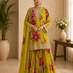 Women’s Grey Floral Printed Kurta with Embellished Sharara & Net Dupatta | Designer Festive Ethnic Suit Set
