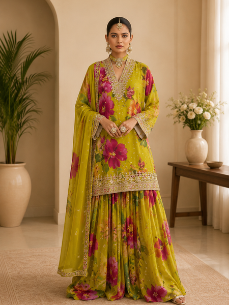 Women’s Grey Floral Printed Kurta with Embellished Sharara & Net Dupatta | Designer Festive Ethnic Suit Set