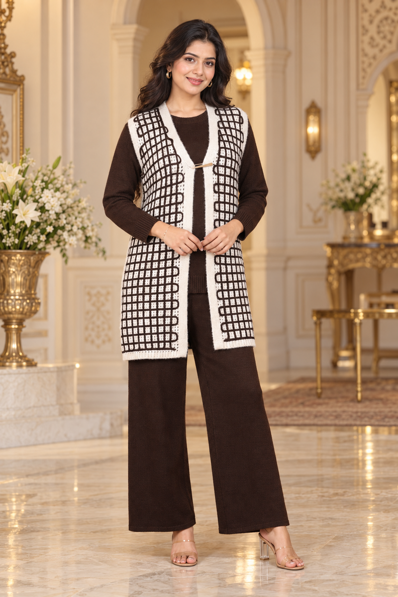 Checkered Long Shrug 3-Piece Knitted Co-ord Set for Women