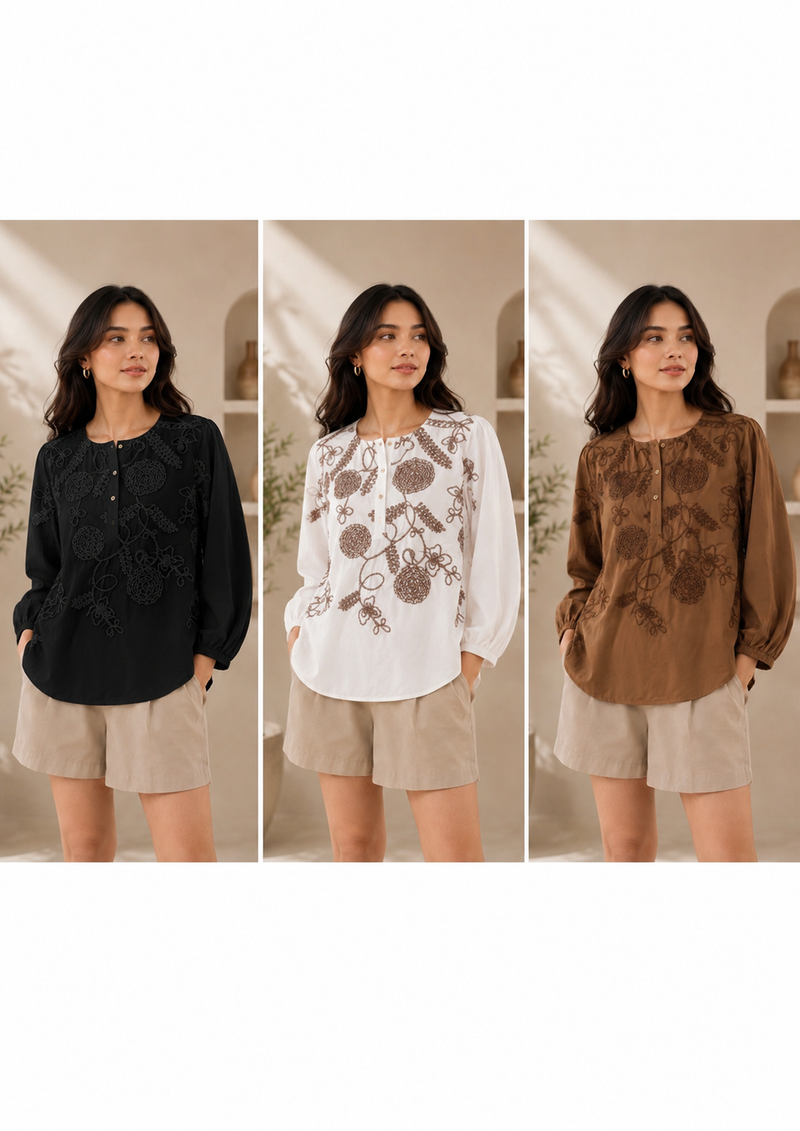 Women’s Coffee Brown Floral Embroidered Cotton Top | Full Sleeve Casual & Office Wear Blouse