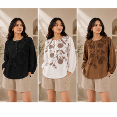 Women’s Coffee Brown Floral Embroidered Cotton Top | Full Sleeve Casual & Office Wear Blouse