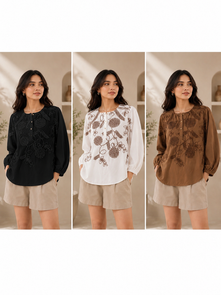 Women’s Coffee Brown Floral Embroidered Cotton Top | Full Sleeve Casual & Office Wear Blouse