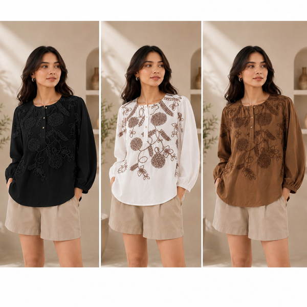 Women’s Coffee Brown Floral Embroidered Cotton Top | Full Sleeve Casual & Office Wear Blouse
