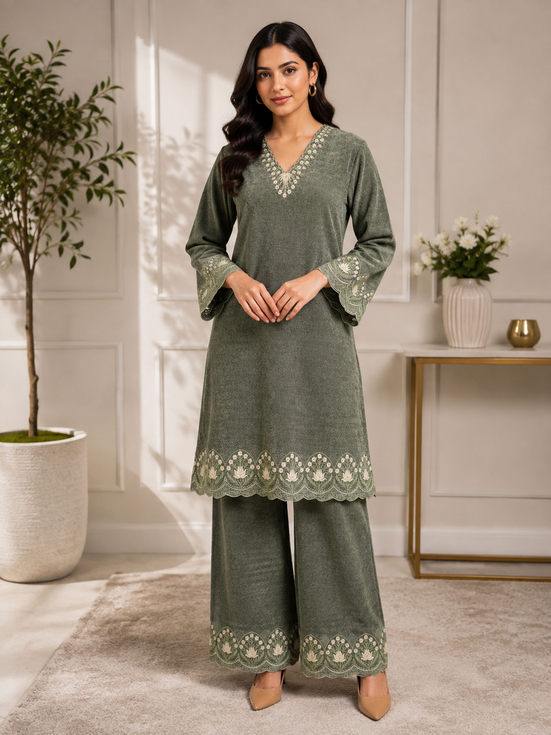 Aurelia Wine Embroidered Winter Co-ord Set