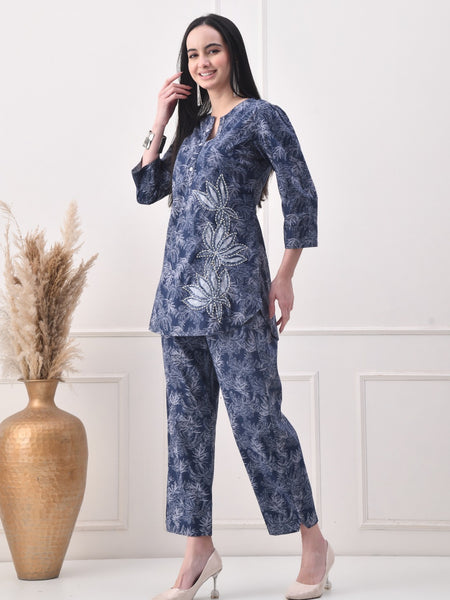 Elegant Floral Printed Co-Ord Set with Hand Embellished Mirror & Appliqué Work