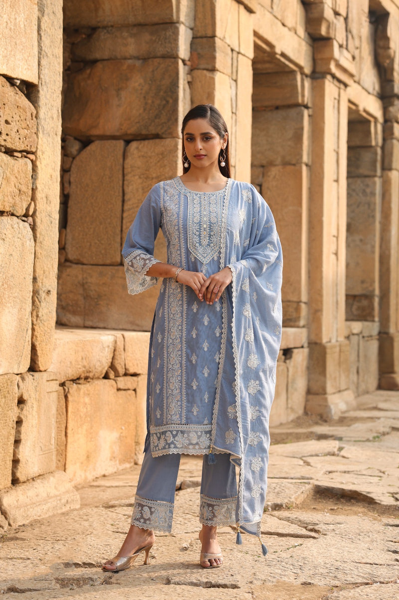 Mulson Mist Blue Embroidered Suit Set