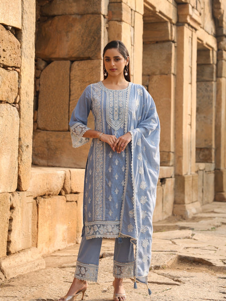 Mulson Mist Blue Embroidered Suit Set
