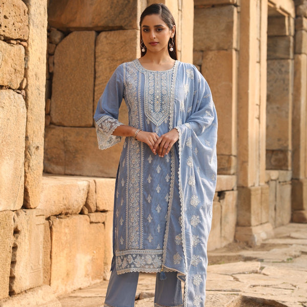 Mulson Mist Blue Embroidered Suit Set