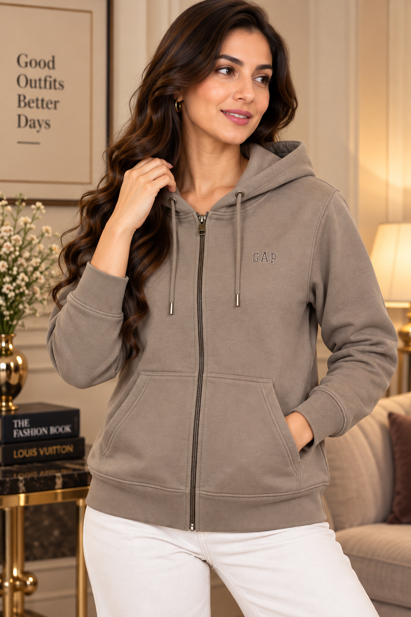 Women’s Premium Full-Zip Hooded Sweatshirt with Pockets – Taupe