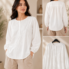 Women’s Coffee Brown Floral Embroidered Cotton Top | Full Sleeve Casual & Office Wear Blouse