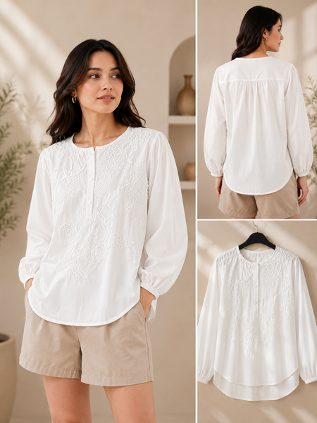 Women’s Coffee Brown Floral Embroidered Cotton Top | Full Sleeve Casual & Office Wear Blouse