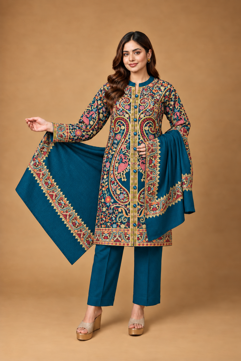 Premium Kashmiri Embroidered Kurta Pant & Shawl 3-Piece Set