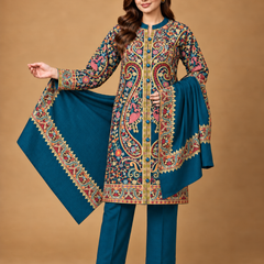Premium Kashmiri Embroidered Kurta Pant & Shawl 3-Piece Set