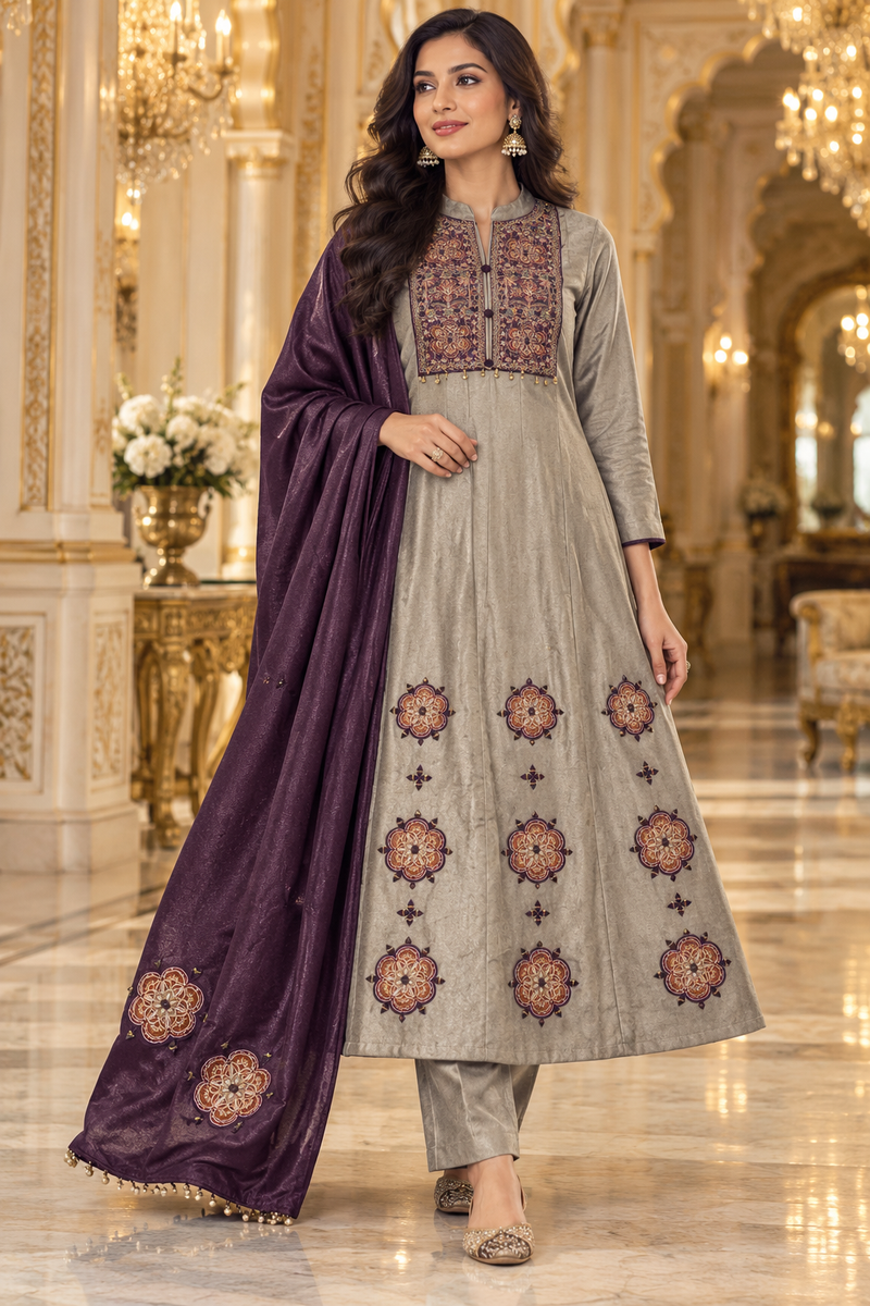 Silver Grey Embroidered Anarkali Suit Set with Plum Purple Dupatta