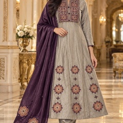 Silver Grey Embroidered Anarkali Suit Set with Plum Purple Dupatta
