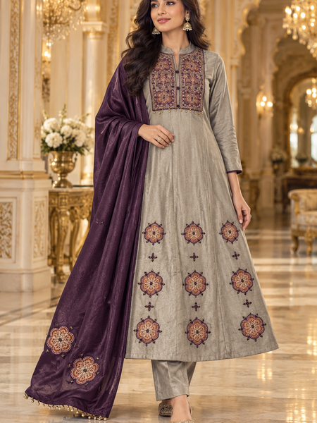 Silver Grey Embroidered Anarkali Suit Set with Plum Purple Dupatta