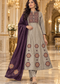 Silver Grey Embroidered Anarkali Suit Set with Plum Purple Dupatta