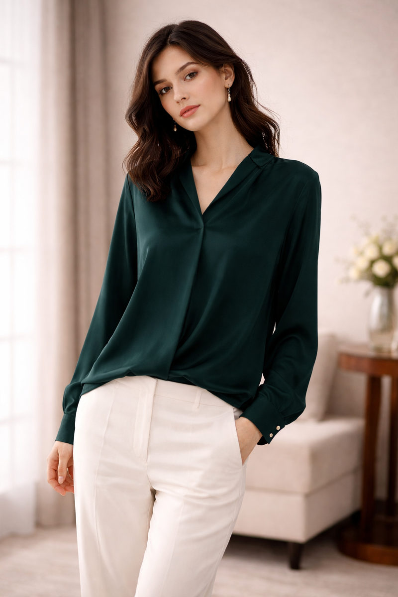 Mulson Luxe Satin Blouse – Emerald Green / Blush Pink