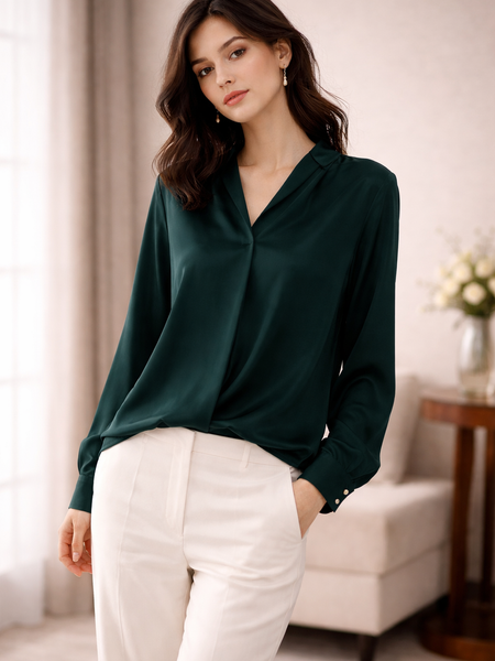 Mulson Luxe Satin Blouse – Emerald Green / Blush Pink