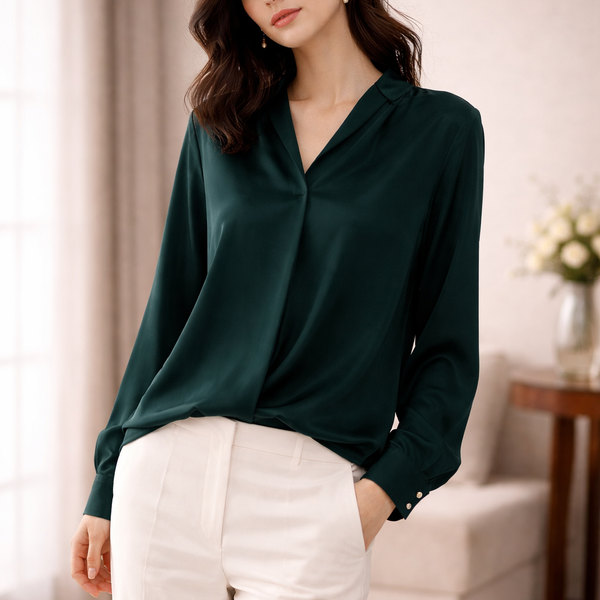 Mulson Luxe Satin Blouse – Emerald Green / Blush Pink