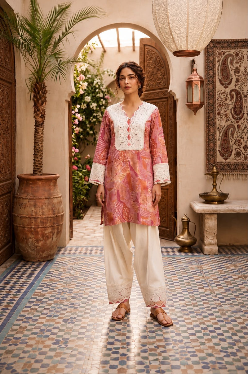 Women’s Lavender Cotton Printed Patiala Suit Set with Lace Work | Ethnic Kurta, Patiala Salwar & Dupatta