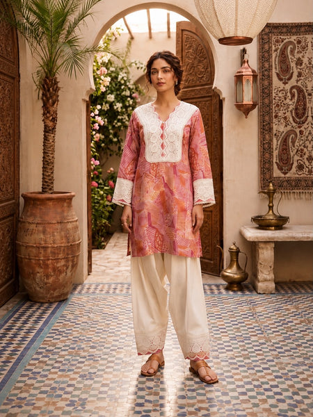 Women’s Lavender Cotton Printed Patiala Suit Set with Lace Work | Ethnic Kurta, Patiala Salwar & Dupatta