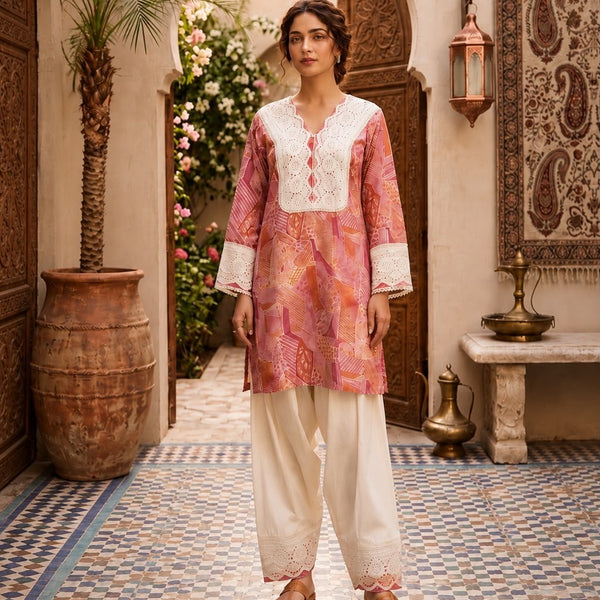 Women’s Lavender Cotton Printed Patiala Suit Set with Lace Work | Ethnic Kurta, Patiala Salwar & Dupatta
