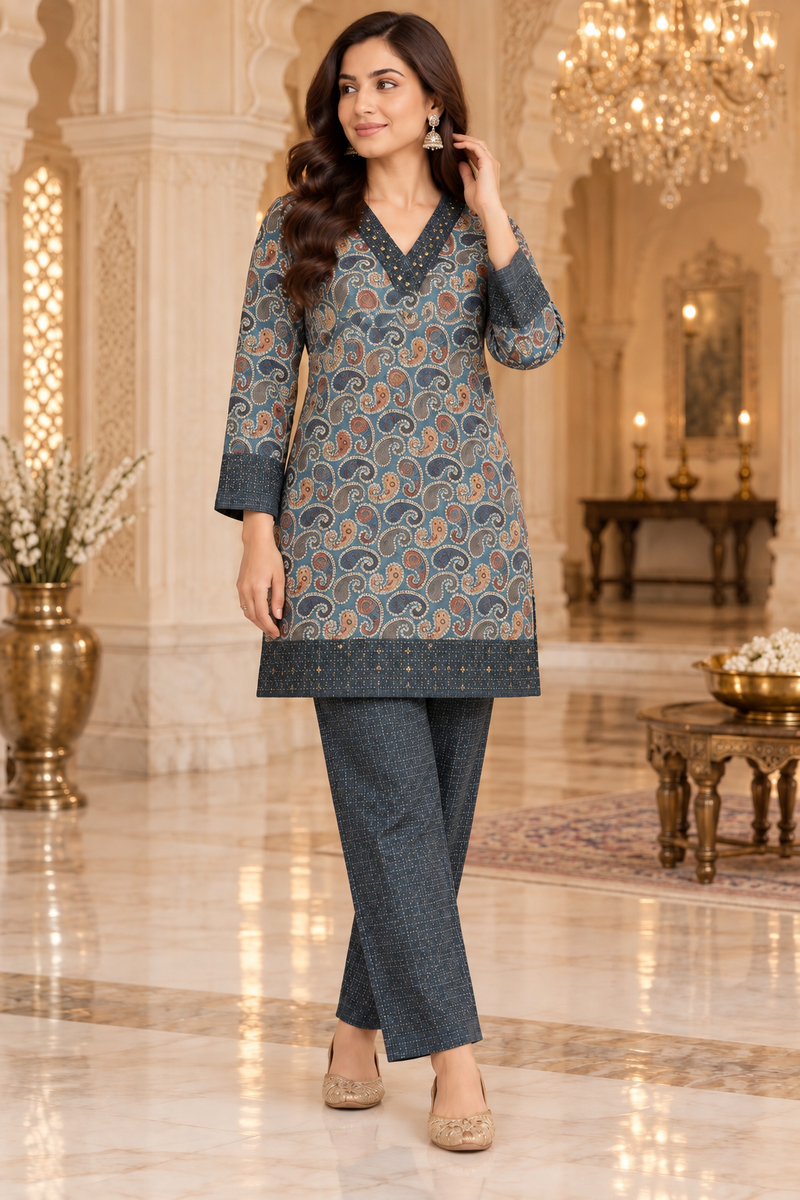 Karachi Wool Paisley Print Winter Co-ord Set