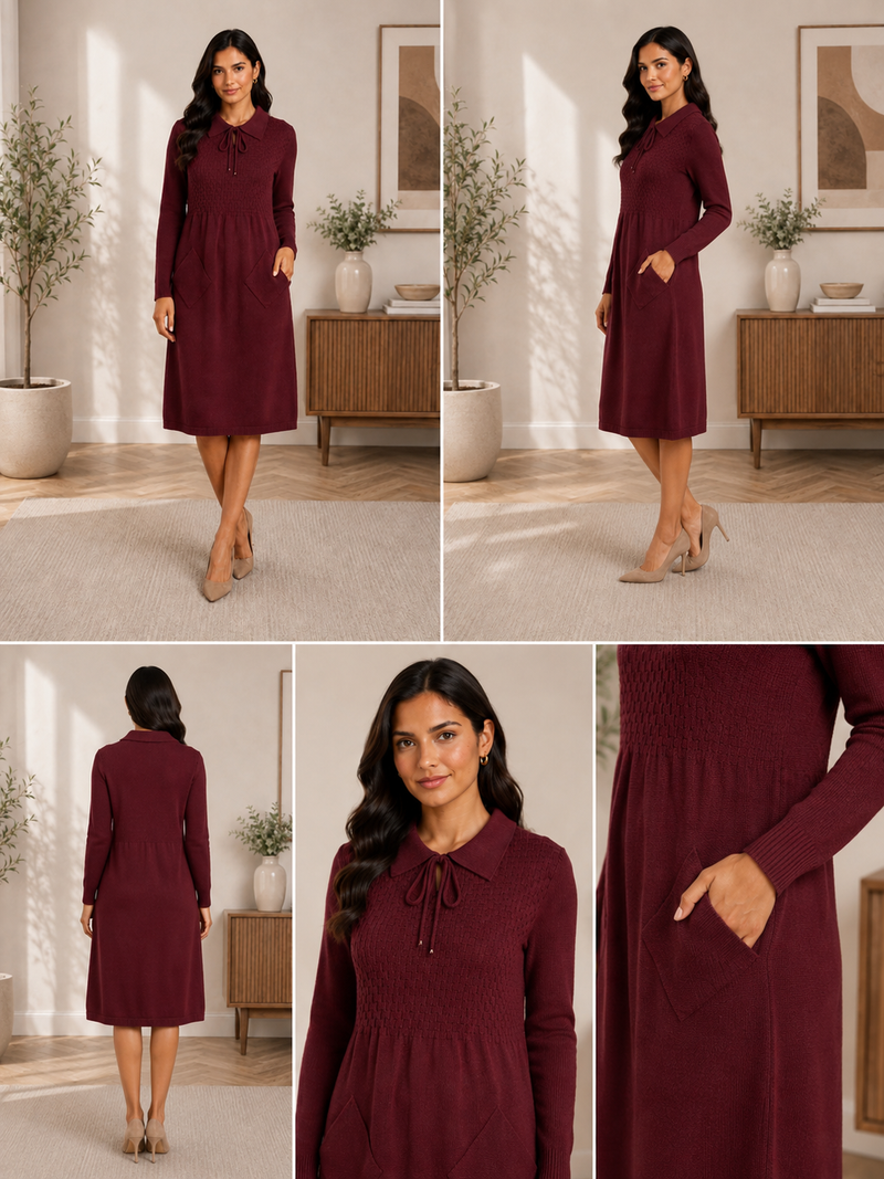 Burgundy Textured Knit Collared Midi Dress with Pockets